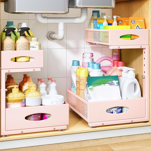 Image of Under Sink Organizer, 2 Tier Pull Out Under Cabinet Organizer Shelf with Pad for Framed Cabinets, Metal Slide Out Under Sink Storage, Mesh Sliding Drawers for Kitchen Bathroom Laundry(Pink, 1 Pack)