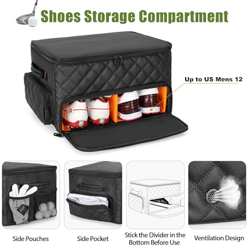 Image of PGmoon 2 Layer Golf Trunk Organizer, Golf Car Storage Organizer with Individual Ventilated Compartment for 2 Pairs Shoes, Golf Car Locker for Balls, Clothes, Tees, Gloves, Accessories (Black)