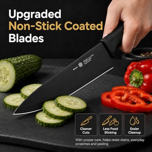 Image of 19-Piece Kitchen Knife Set with Block and Built-In Sharpener, Black | High-carbon stainless steel blades, nonstick coating, ergonomic handles and dishwasher-safe care