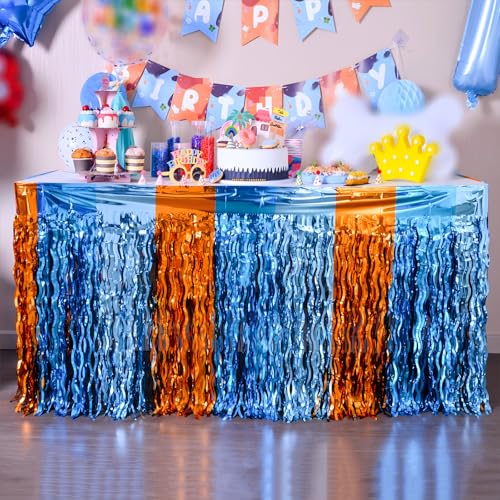 LOLStar Blue Dog Birthday Party Supplies 2Pack Orange Blue and Light Blue Wavy Metallic Tinsel Foil Fringe Table Skirt for Rectangle and Round Table,Perfect Decor for BlueDog Themed Party Decorations