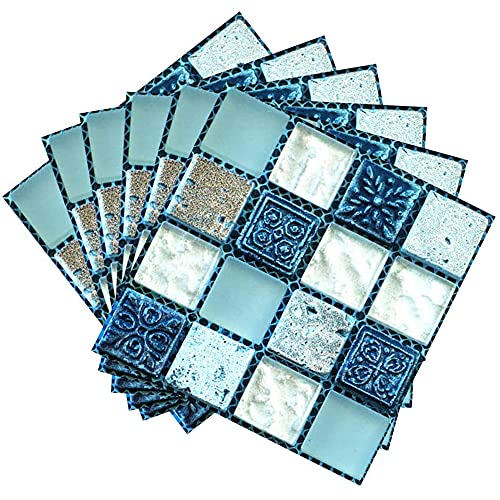 ANCLLO 40 pegatinas de vinilo para pared con mosaicos de PVC, autoadhesivas, impermeables, para decoración del hogar, 10 x 10 cm (Color azul)