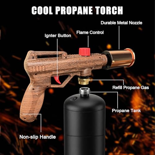 Image of Powerful Propane Torch Gun, Adjustable Flame Kitchen Blow Torch for Cooking, Searing Steak, BBQ, Campfire, Charcoal Lighter (Tank Not Included) - Wood