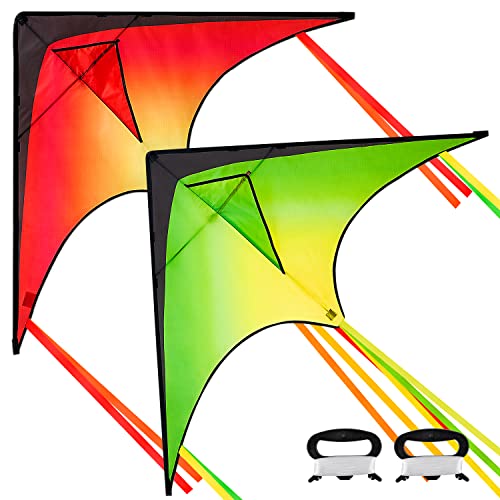 JOYIN 2 Packs Large Delta Kite Orange and Green, Easy to Fly Huge Kites for Kids and Adults with 262.5 ft Kite String, Large Delta Beach Kite for Outdoor Games and Activities