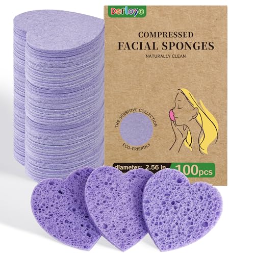 100-Count Compressed Facial Sponges Heart Shape Face Sponge for Cleansing Natural Cosmetic Spa Sponges for Facial Cleansing Exfoliating Mask (Purple Heart Sponges)