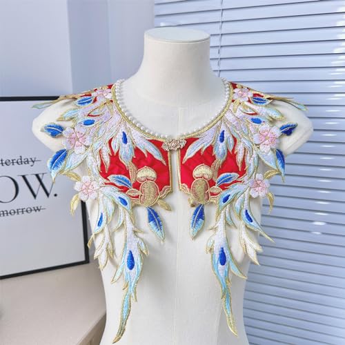 Chinese Red Peacock Pearl Lace Cloud Collar Shawl Wrap Shoulder Scraf for Mamian Skirt Hanfu Handmade Shoulder Accessory (Red Peacock Pearl)4