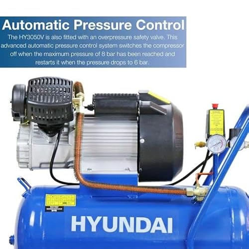 Hyundai 50 Litre Portable Air Compressor, 2.2kW, 116psi/14CFM, 3HP Air Compressor, Direct Drive V-Twin with 5 Piece Tool kit, Euro Quick Release Fittings, 2 Year Warranty Blue - Image 3
