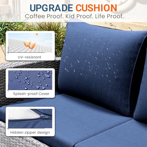 Image of Wisteria Lane Patio Furniture Set, Wicker Outside Outdoor Furniture for All Weather, Patio Sofa with High Backrest Support and Wide Armrest for Backyard, Balcony, Deck, Porch, Dark Blue