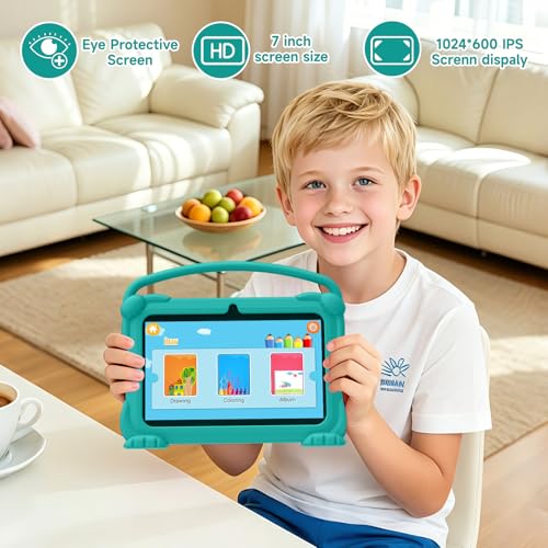 Image of YQSAVIOR Kids Tablets, Android 12 Tablet for Kids, 4GB RAM 32GB ROM Toddler Tablet 7 inch IPS Screen, Parental Control, 2+5MP Dual Camera, Shockproof Case for Educational Games (Green)