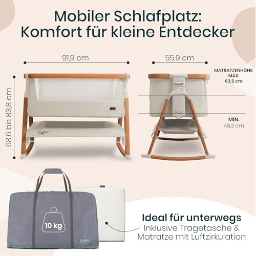 Tutti Bambini CoZee® Air Beistellbett Baby & Baby Reisebett mit Matratze - Kompakt faltbar mit Tasche - Atmungsaktive Matratze & 6-fache Höhenverstellung - 0-6 Monate (Walnuss & Naturweiß)