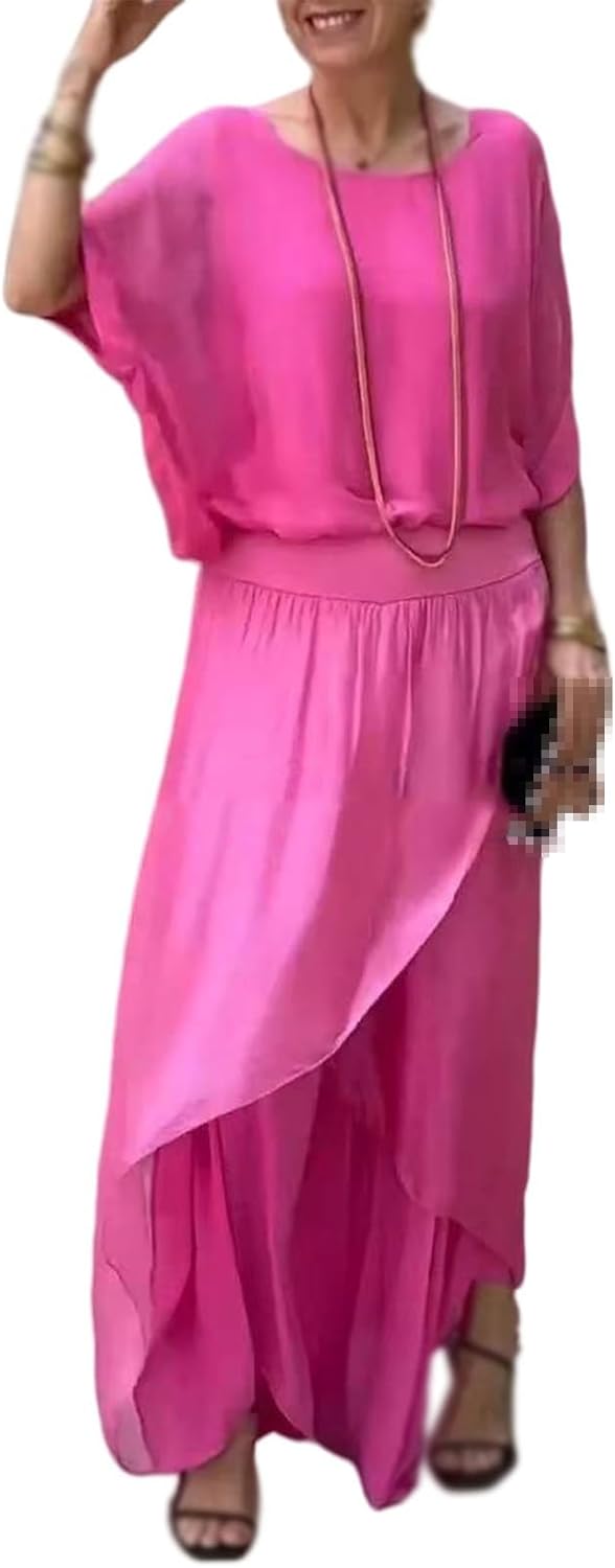 Women's Round Neck Slit Flowing Comfortable Casual Suit, Womens 2 Piece Outfits Wide Leg Pants Set