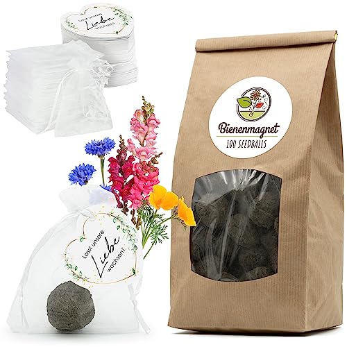 Gastgeschenke Hochzeit Blumensamen Samenbomben - Besonderes Hochzeitsgeschenk für Gäste als Give Away - Lasst unsere Liebe wachsen Komplett-Set (100er Set)