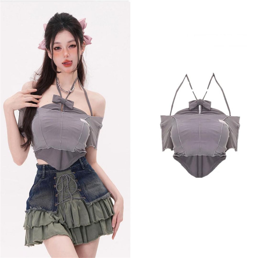 Halter Camis gasa fuera del hombro lazo nudo mujeres top corto