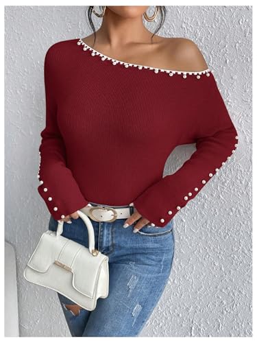 Image of WDIRARA Women's Pearls Beaded One Cold Shoulder Sweater Long Sleeve Asymmetrical Knit Top