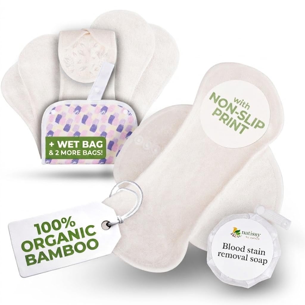 Natissy Compresas Reutilizables de Algodón Orgánico para Mujer y Adolescente, Lavables, Suaves, No Irritantes y Reutilizables - Pack 6 Tallas S+M - Made in EU