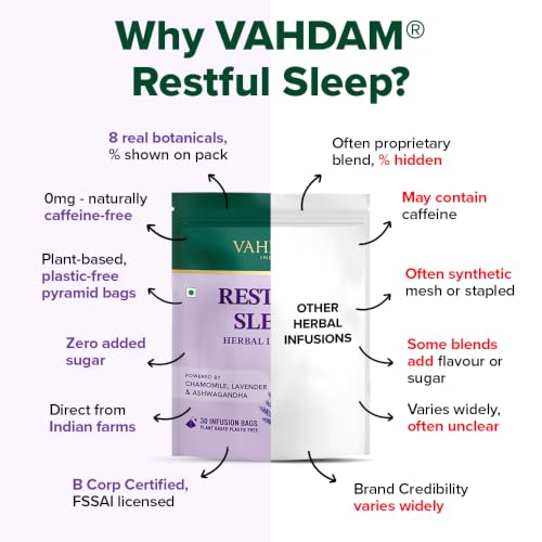Image of VAHDAM Restful Sleep Herbal Infusion | Promotes Deep Sleep & Helps with Insomnia, Snoring | Caffeine Free | 8-Herb Blend | 30 Tea Bags