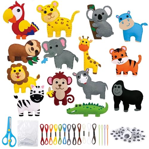 Syvory Juego de costura de 14 piezas para niños, juego de costura para niños, formas de animales a partir de 6 años, fieltro con algodón relleno e hilos, formas de animales, juego de manualidades