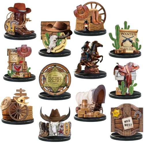 Colingmill 12 Pcs Western Table Centerpieces Cowboy Party Decorations 3.94 Inches Wooden Cowboy Boots Hats Cactus Carriage Wheels Table Topper for Wild West Party Birthday Favors Baby Shower