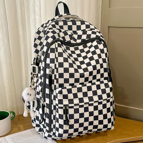 Aesthetic Checkered Backpack with Kawaii Pendant for and Teens (Black)3