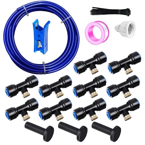 HAXIHA Nebulizzatori da Esterno,Nebulizzatore Giardino Kit di irrigazione,Sistema di Irrigazione,10m Blu Misting Line con 10 ugelli nebulizzatori in Ottone+3/4" Adattatore,per Serre,Giardini