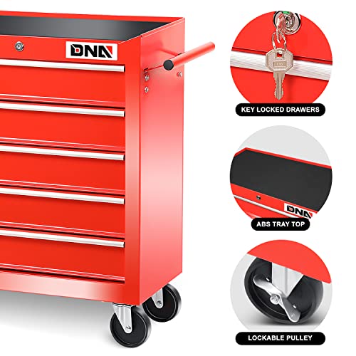 Image of DNA Motoring TOOLS-00263 5-Drawer Plastic Top Rolling Tool Cabinet with Keyed Locking System,13 inch D x 24.5 inch W x 30.5 inch H,Red