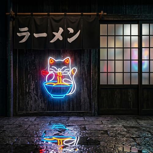 Image of Cat Ramen Neon Sign for Wall Decor Led Neon Lights Cat Ramen Light Up Signs for Birthday Party Club Gift