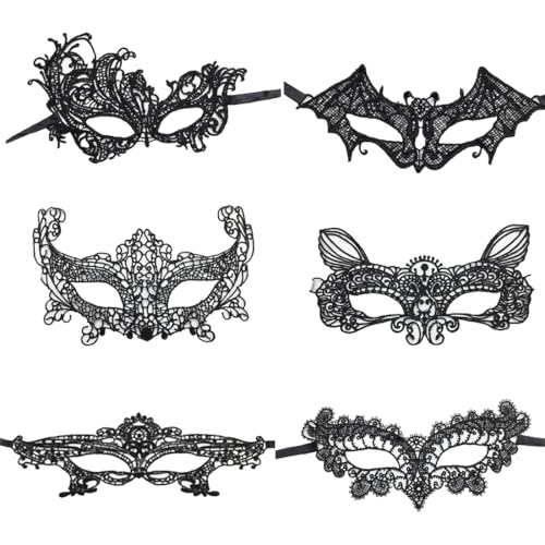 OIXEYA 6 peças máscara veneziana mulher meia face máscara para carnaval Halloween, preto (vários estilos)