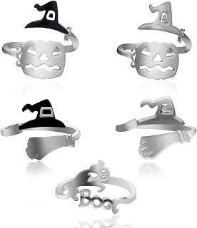5Pcs Halloween Pumpkin Witch Hat Boo Letter Ghost Broom Ring Set for Women Girl Teen Lover Punk Hollow Open Adjustable Finger Ring Cool Bar Nightclub Halloween Jewelry Gift