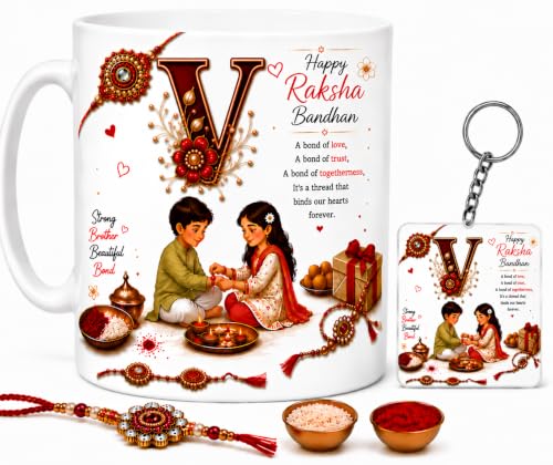 Image of Raksha Bandhan Alphabet V Coffee Mug with Matching Square Keychain | Includes Rakhi, Roli & Chawal | 350 ML Ceramic Printed Cup | Brother Sister Festival Collection