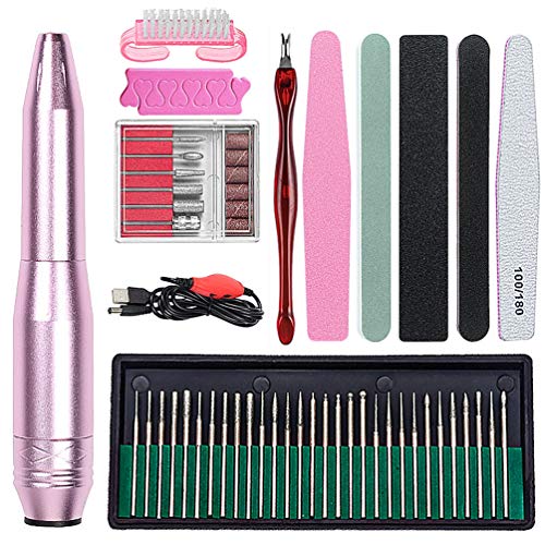 krofaue Portable Professional Electric Nail Drill Kit Set USB With Sandpaper Nail File Buffer,Electric Nail Drill Pen File Kit for Acrylic Gel Nails，Pen Shape Finger Toe Nail Care Machine Set (T1M)