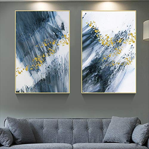 Toile mur art bleu or abstrait pour salon moderne et élégant lot de 2 affiches 60x80cm