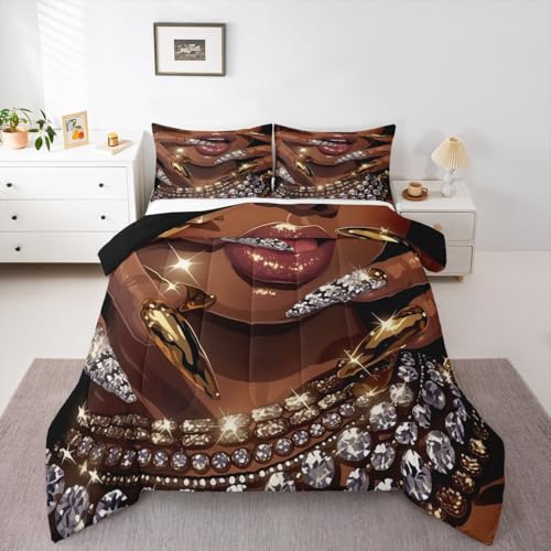 Image of Erosebridal Black Woman Comforter Set African American King Bedding Set for Teens Adult Afro Black Female Duvet Insert Glitter Artwork Magical Bed Set Room Decor (1 Comforter, 2 Pillowcases)