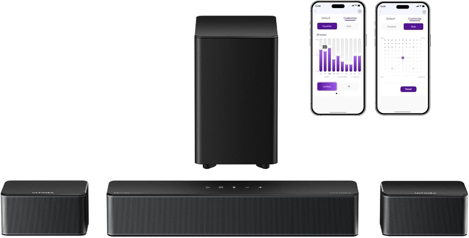 Ultima Poseidon D50 Sound Bar, 5.1 ch, Speaker, Surround, 320 W, Large Output, App Control, Home Theater, Wireless Subwoofer/Surround Speaker Included, Bluetooth 5.3, Night Mode, HDMI (ARC) Compatible, Optical, Japanese Instruction Manual Included, Black