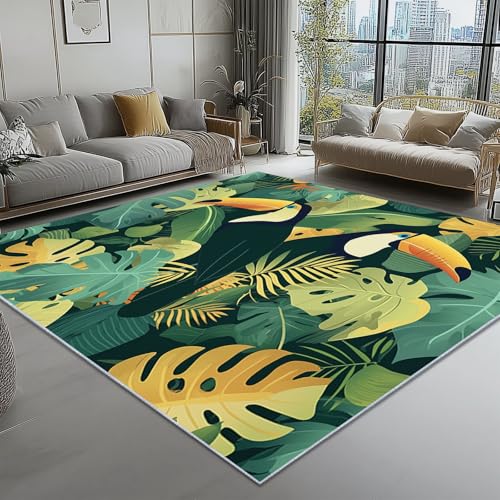 Alfombra de área Verde, para la decoración del Pasillo Alfombras 100 x 150 cm Interiores Antideslizantes Alfombras Bosque Tropical Hoja de Monstera Pelo Corto Lavables Alfombras de Sala de Estar
