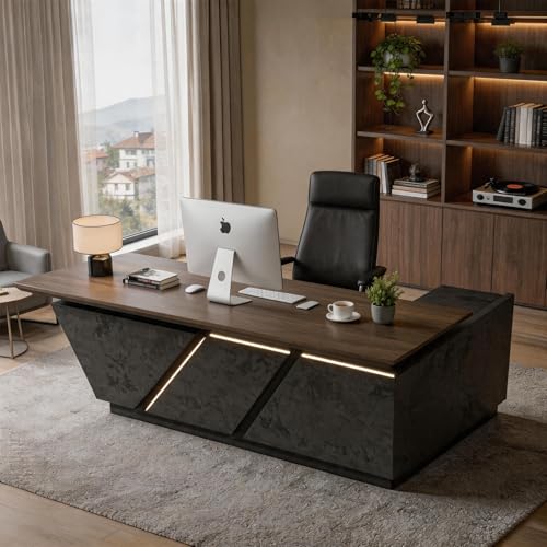 Modern Executive Desk - Adjustable Height L-Shaped Executive Desk with Drawers & File Cabinet, Black Luxury Home Office Desk, Standing Desk Business Workstation with Universal Charging Ports, 78.74 In