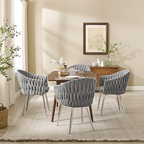 Art Leon Set Of 4 Dining Chairs, Mid Century Modern Linen Woven Upholstered Kitchen Dining Room Chair, Accent Arm Chair Side Chair With Chromed Metal Legs, Light Gray #TOP5