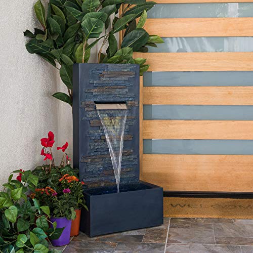 Alpine Corporation Win1562 Alpine 39" Tall Outdoor 3-Tier Cascading Tree Bark Water Led Lights Fountain, Gray #TOP1