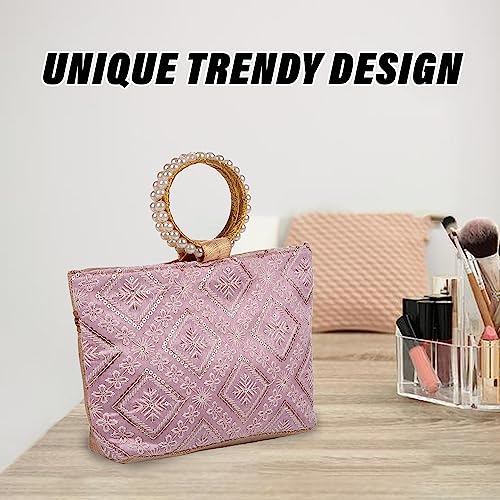 Image of Heart Home Clutch Bag | Zig Zag Chicken Silk Embroidery | Moti Churi Handle | Hand Purse for Woman | Party Bags for Woman | Wedding Clutch Purse | Purple