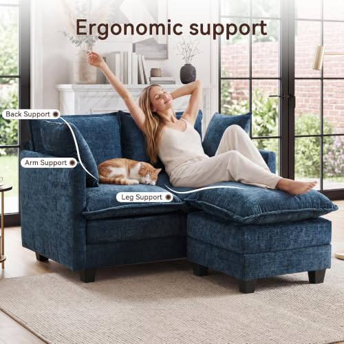 Image of 50 inch Loveseat Sofa with Ottoman, Cloud 2-Layer Cushion & 27 inch Deep Seat, Modern Love Seat Small Couch with 2 Washable Pillows for Small Spaces, Bedroom, Apartment, Office, Living Room, in a Box, Blue