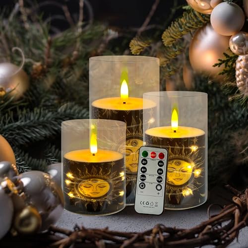 Image of Flickering Flameless Candles Black Moon and Sun, Embedded Star String Lights, Battery Operated Acrylic LED Pillar Candles with 11-Key Remote and Timer for Home Decoration, 3 Pack