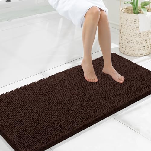Smiry Luxury Chenille Bathroom Rugs 47x20, Extra Soft and Absorbent Shaggy Bath Mat, Machine Washable, Non-Slip Plush Carpet Runner for Tub, Shower, and Floor, Home Decor Accessories, Brown