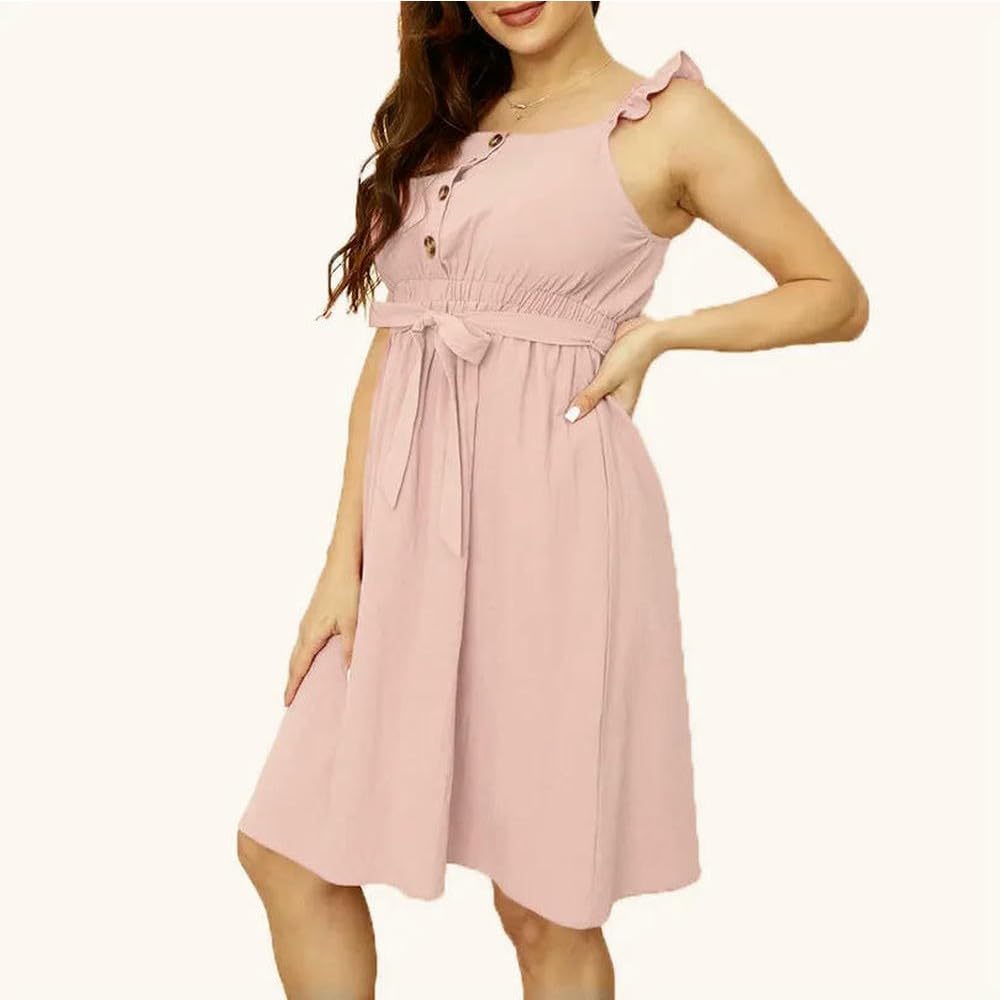 JJDFW - Abito premaman in cotone rosa traspirante, comodo, senza maniche, a collo basso, a vita alta, carino, per l'estate