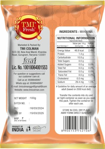 Image of TMI Fresh Phool Makhana 100g | Premium Fox Nuts (Lotus Seeds) | 100% Natural & Hygienically Packed | Healthy Roasted Snack | Rich in Protein & Nutrients | Gluten Free & Vegetarian