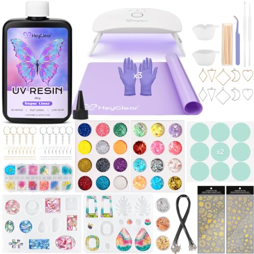 HeyClear UV Resin Set mit UV Lampe - 250g UV Harz Klar Hart Vorvermischt und Schnell Härtend UV Kleber Starterset für Schmuck Selber Machen