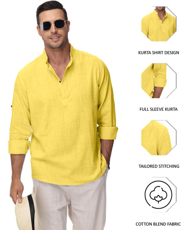 Image of Macsivo Men's Cotton Blend Solid Short Kurta with Regular Lenth Mandarin Collar Short Button Placket Rolled up and Full Sleeves Kurta for Men