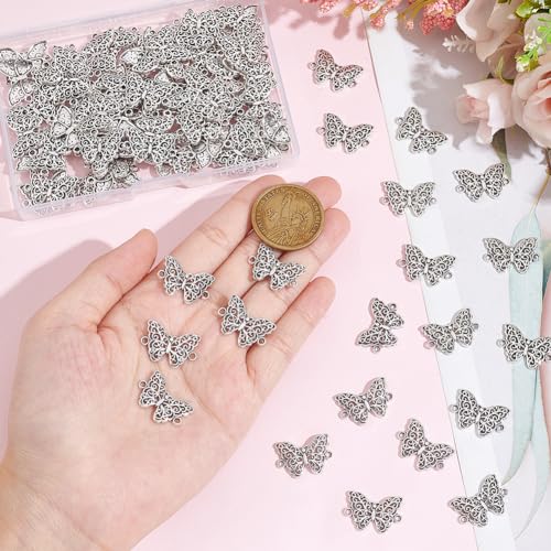 SUNNYCLUE 1 Box 100Pcs Butterfly Connector Charm Metal Animals Charms Silver Hollow Butterflies Link Connectors Tibetan Animal Insect Charms for jewellery Making Charms Necklace Bracelet DIY Craft - Image 3