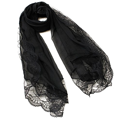 Zpoicaegn Femme Echarpes Mousseline de Soie Dentelle Foulard Wrap Echarpe Noir