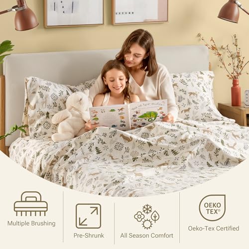 Sleep Philosophy True North 100% Cotton Flannel Sheets Twin Size, Cozy Flannel Sheet Set Brushed for Extra Softness, Heavyweight Novelty Print Warm Flannel Bedding Set, Tan Woodland Winter 3 Piece
