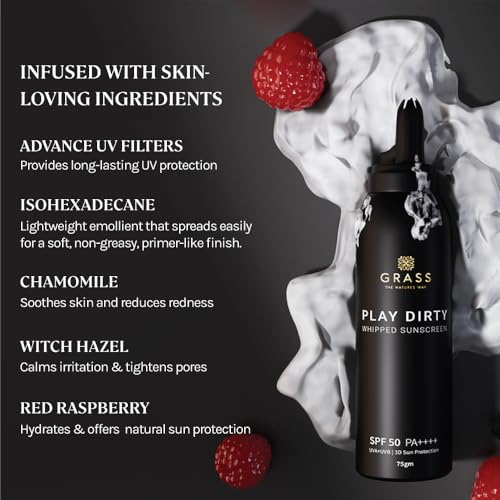 Image of Grass Play Dirty Whipped Sunscreen SPF 50 PA++++ | Non-Greasy, No White Cast Whipped Cream | Broad Spectrum & Blue Light Protection | 3-in-1 Sunscreen Moisturizer Primer | 75gm