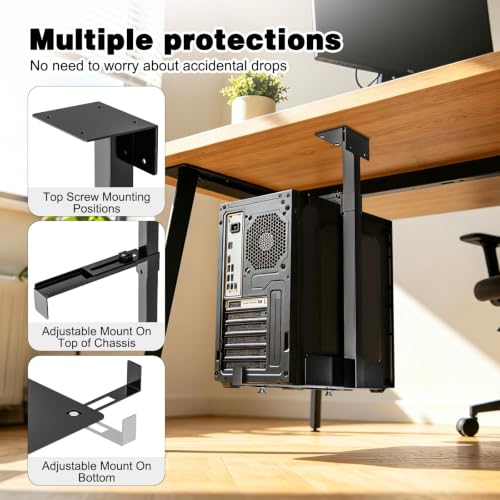 Soporte para PC bajo escritorio, capacidad hasta 77 lb, montaje en pared, altura ajustable 3.9–18.5", ancho ajustable 5.1–8.5", soporte para torre de computadora miniatura 4