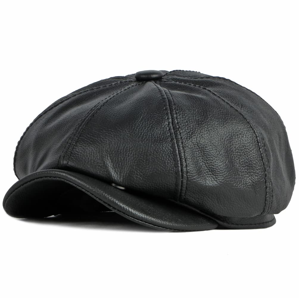 LUTICELI Men's Genuine Leather Newsboy Hat Ivy Caps 8 Panel Beret Cabbie Hat, Black, One Size